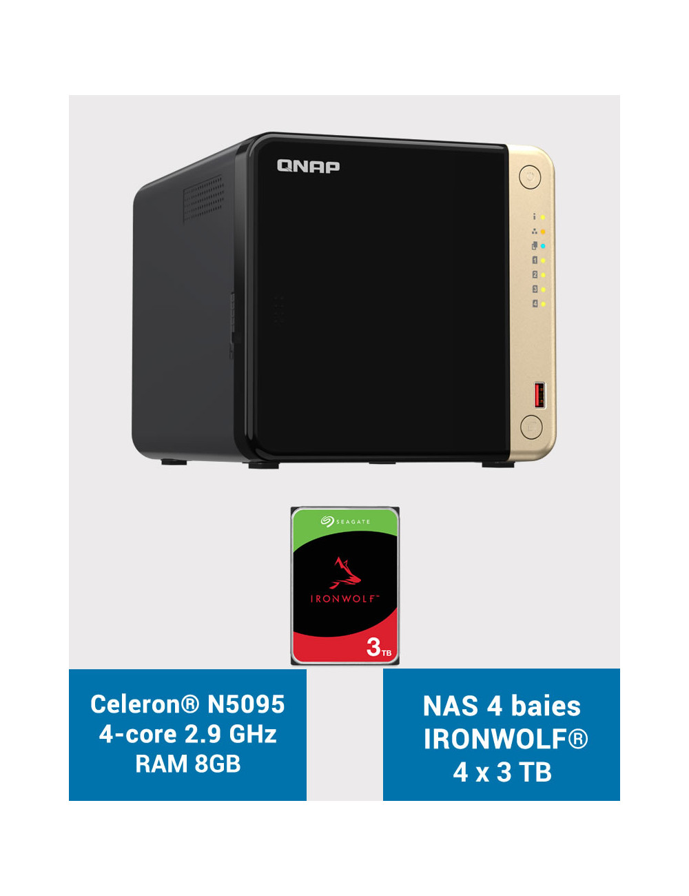 QNAP TS-464 8GB Serveur NAS 4 baies IRONWOLF 12To (4x3To)