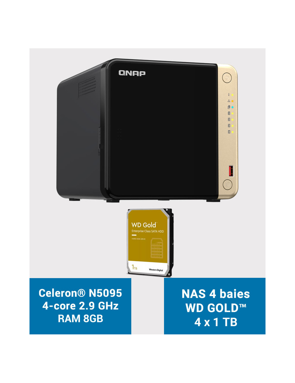 QNAP TS-464 8GB Serveur NAS 4 baies WD GOLD 4To (4x1To)