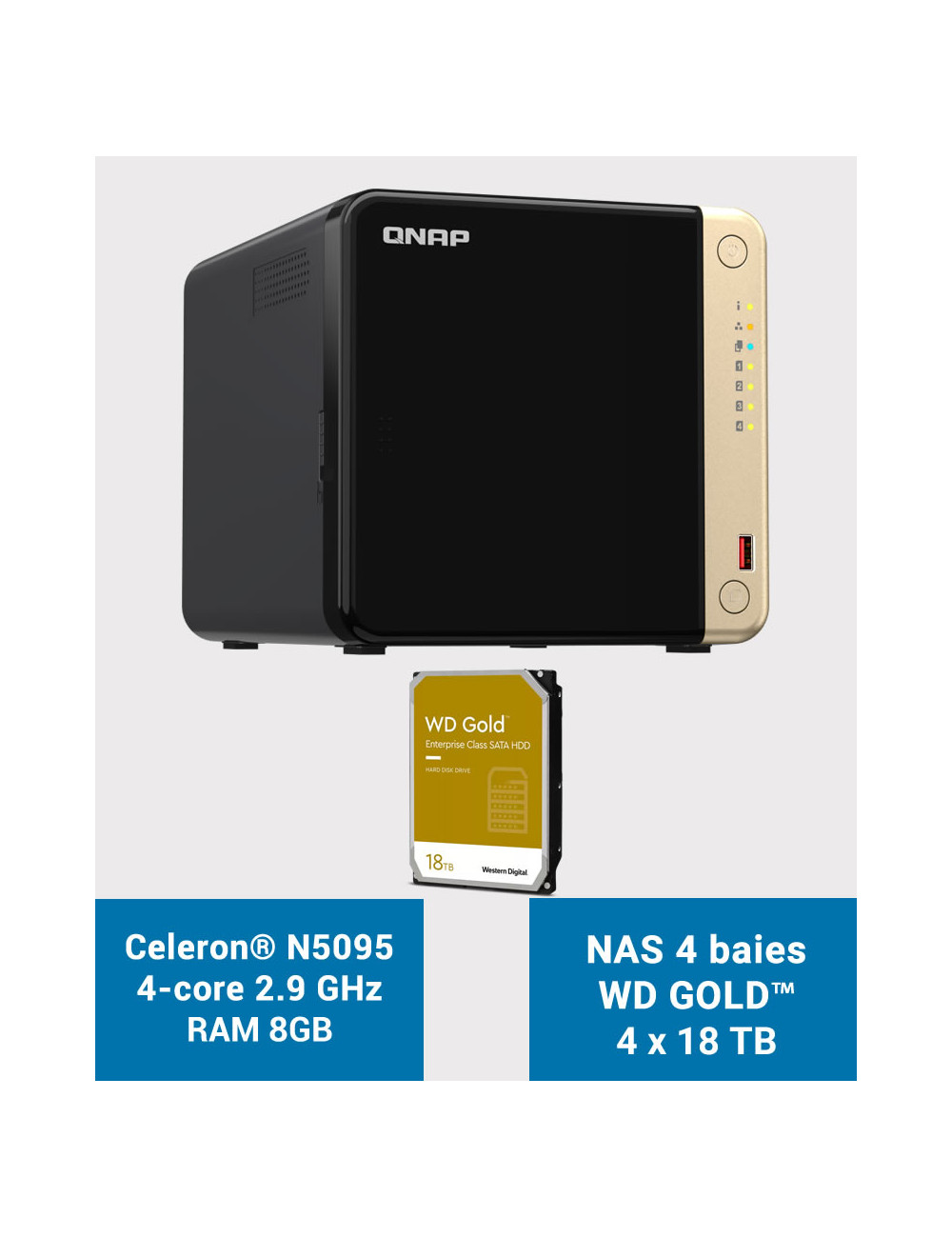 QNAP TS-464 8GB Serveur NAS 4 baies WD GOLD 72To (4x18To)
