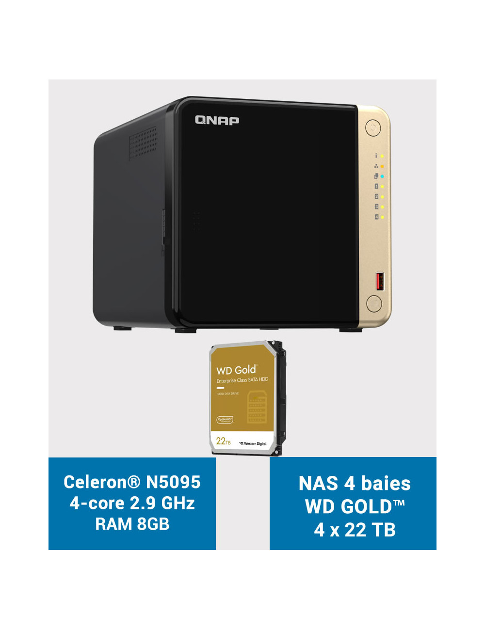 QNAP TS-464 8GB Serveur NAS 4 baies WD GOLD 88To (4x22To)