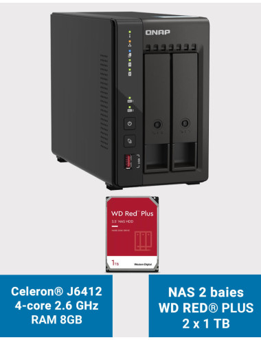 QNAP TS-253E 8GB Serveur NAS 2 baies WD RED PLUS 2To (2x1To)