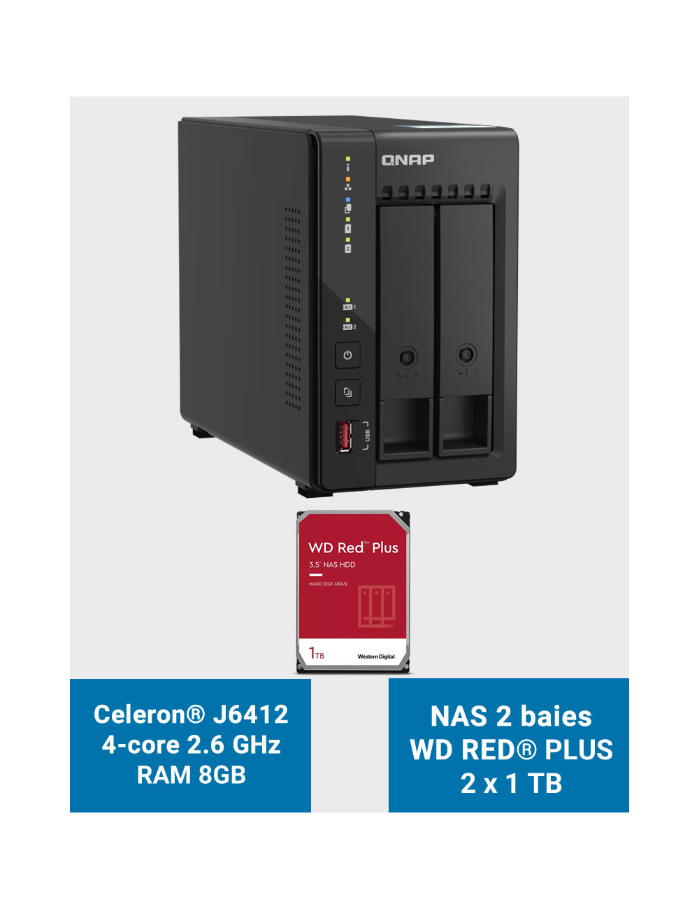 QNAP TS-253E 8GB Serveur NAS 2 baies WD RED PLUS 2To (2x1To)