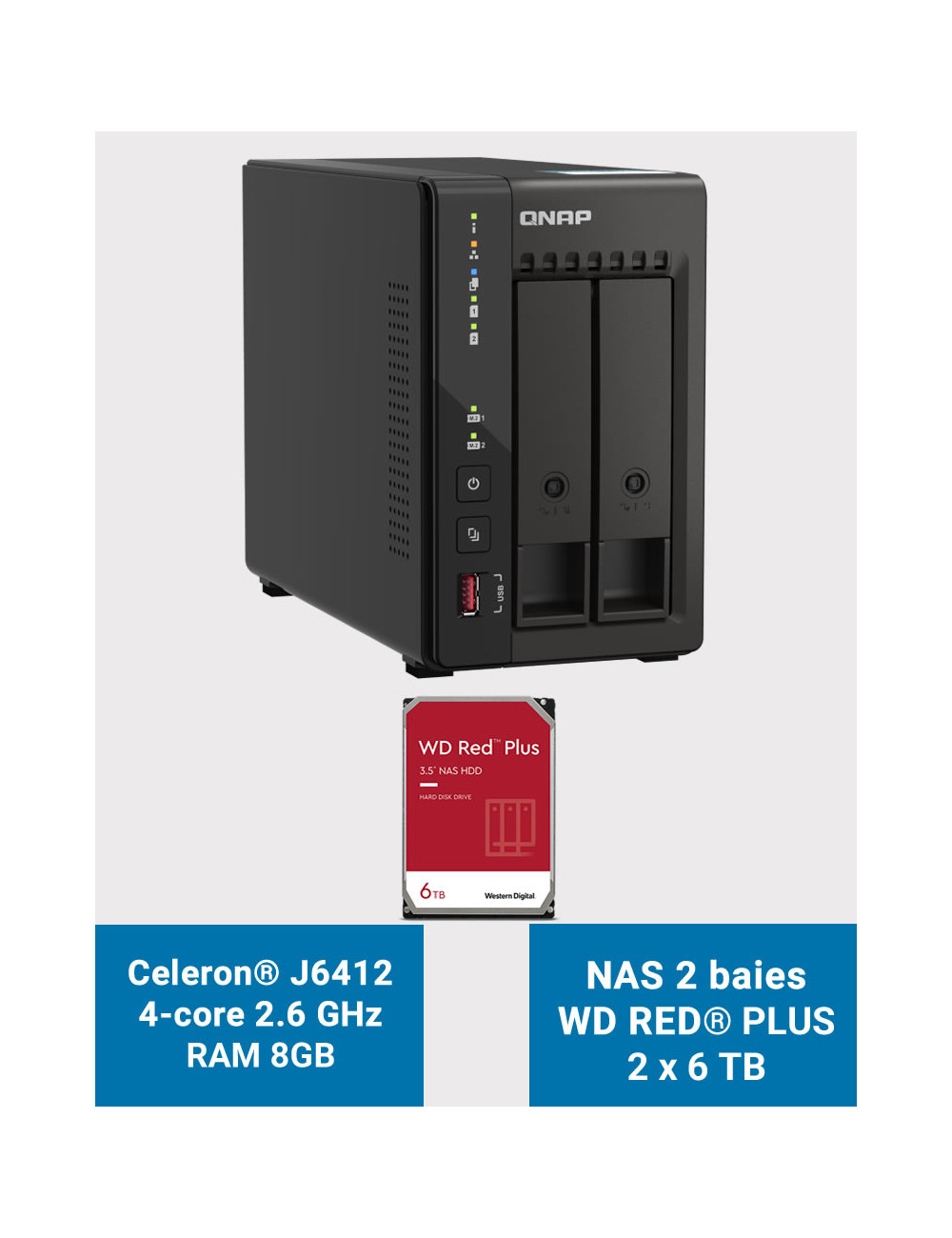 QNAP TS-253E 8GB Serveur NAS 2 baies WD RED PLUS 12To (2x6To)
