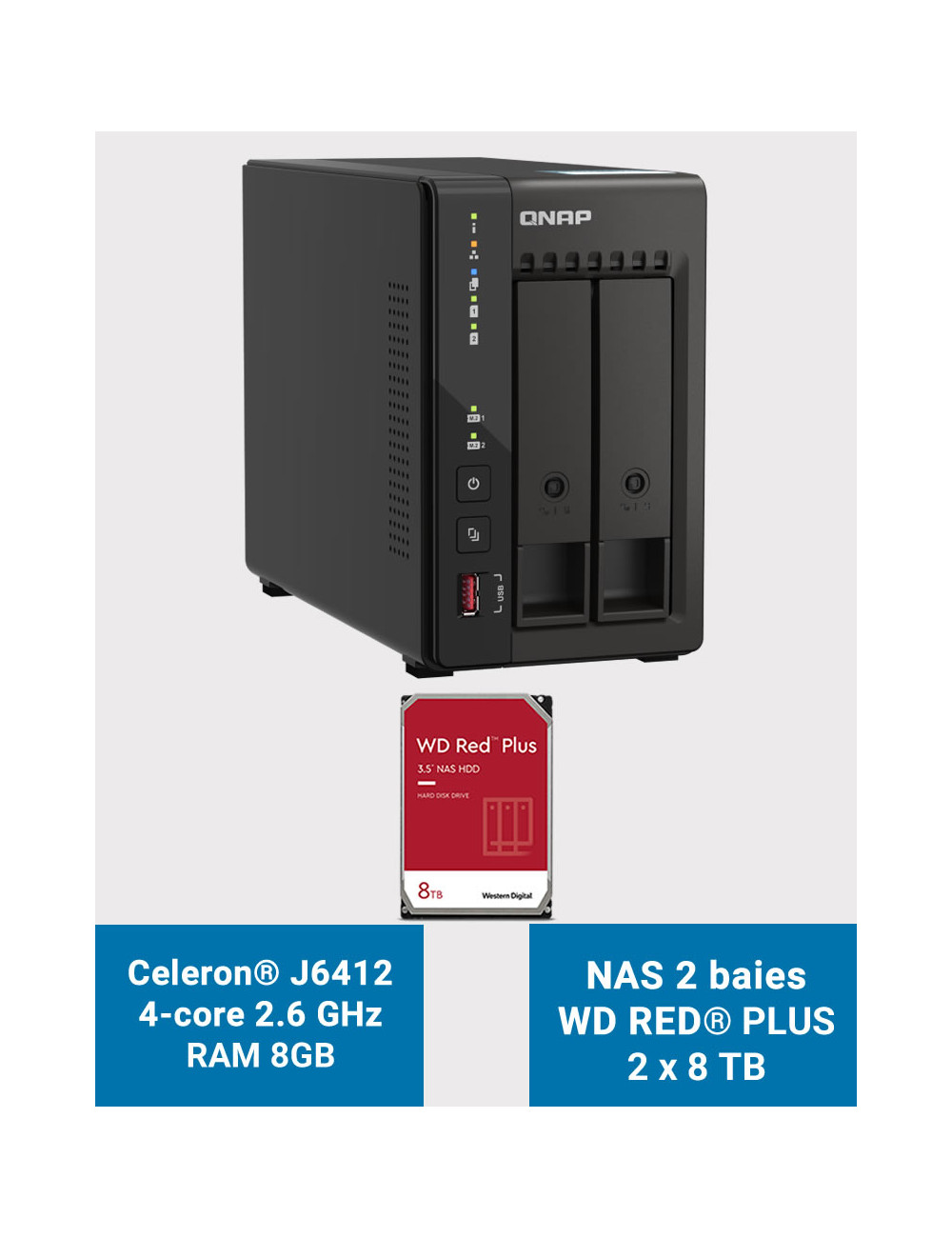 QNAP TS-253E 8GB Serveur NAS 2 baies WD RED PLUS 16To (2x8To)