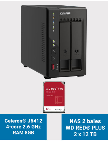 QNAP TS-253E 8GB Serveur NAS 2 baies WD RED PLUS 24To (2x12To)