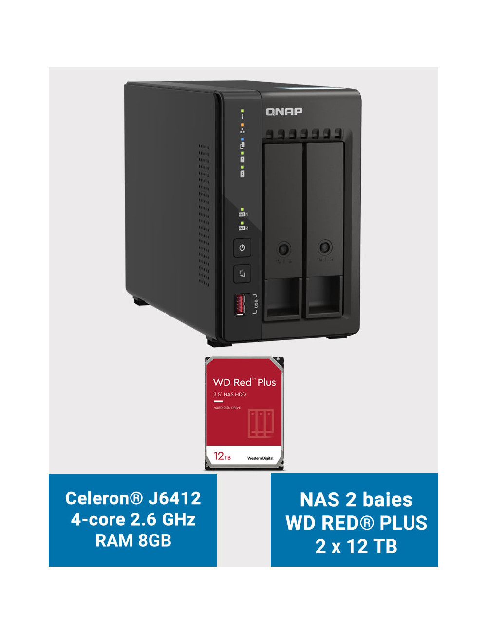 QNAP TS-253E 8GB Serveur NAS 2 baies WD RED PLUS 24To (2x12To)