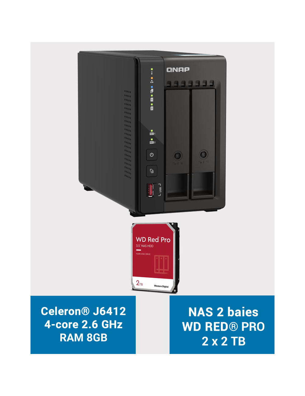 QNAP TS-253E 8GB NAS Server 2 bays WD RED PRO 4TB (2x2TB)