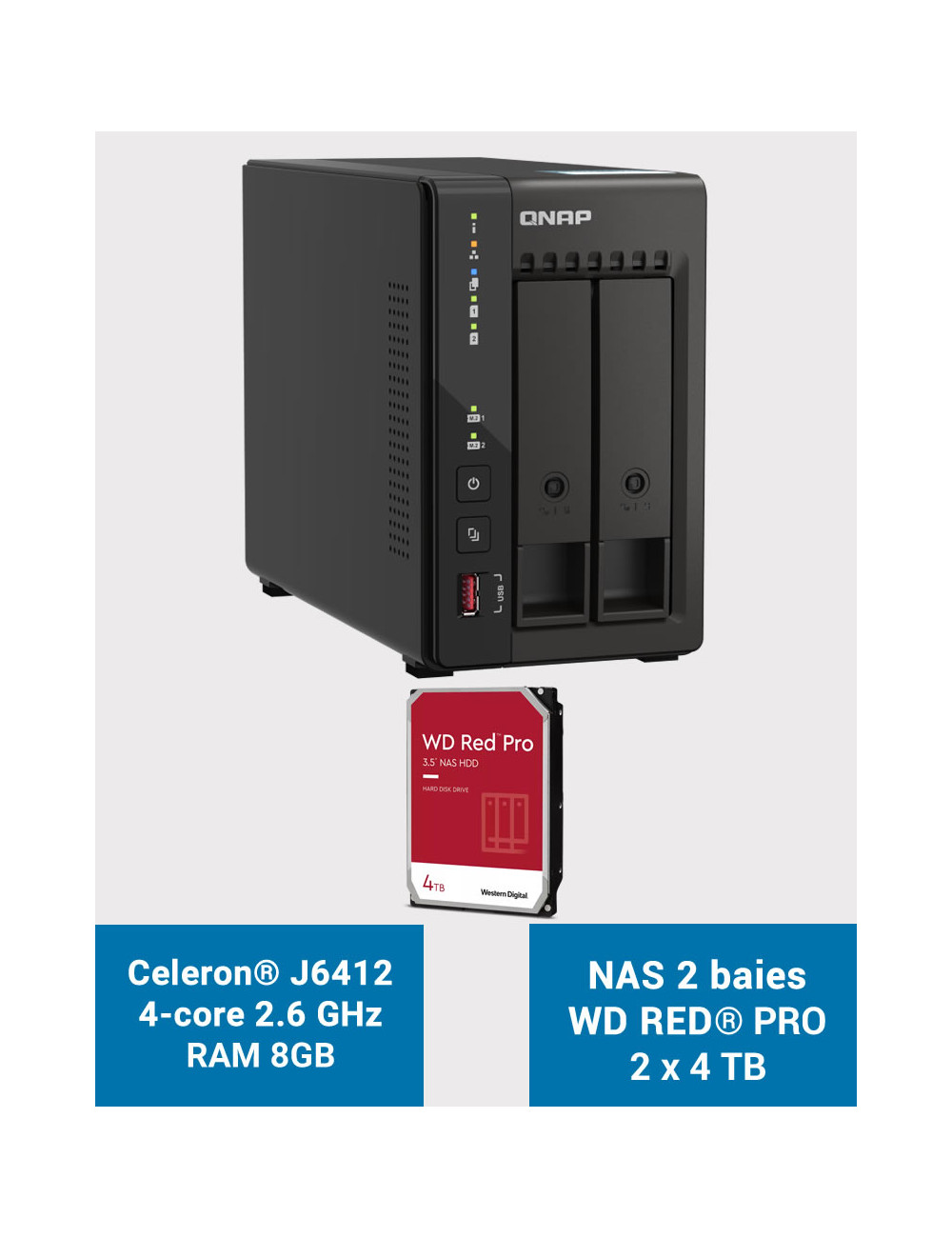 QNAP TS-253E 8GB Serveur NAS 2 baies WD RED PRO 8To (2x4To)