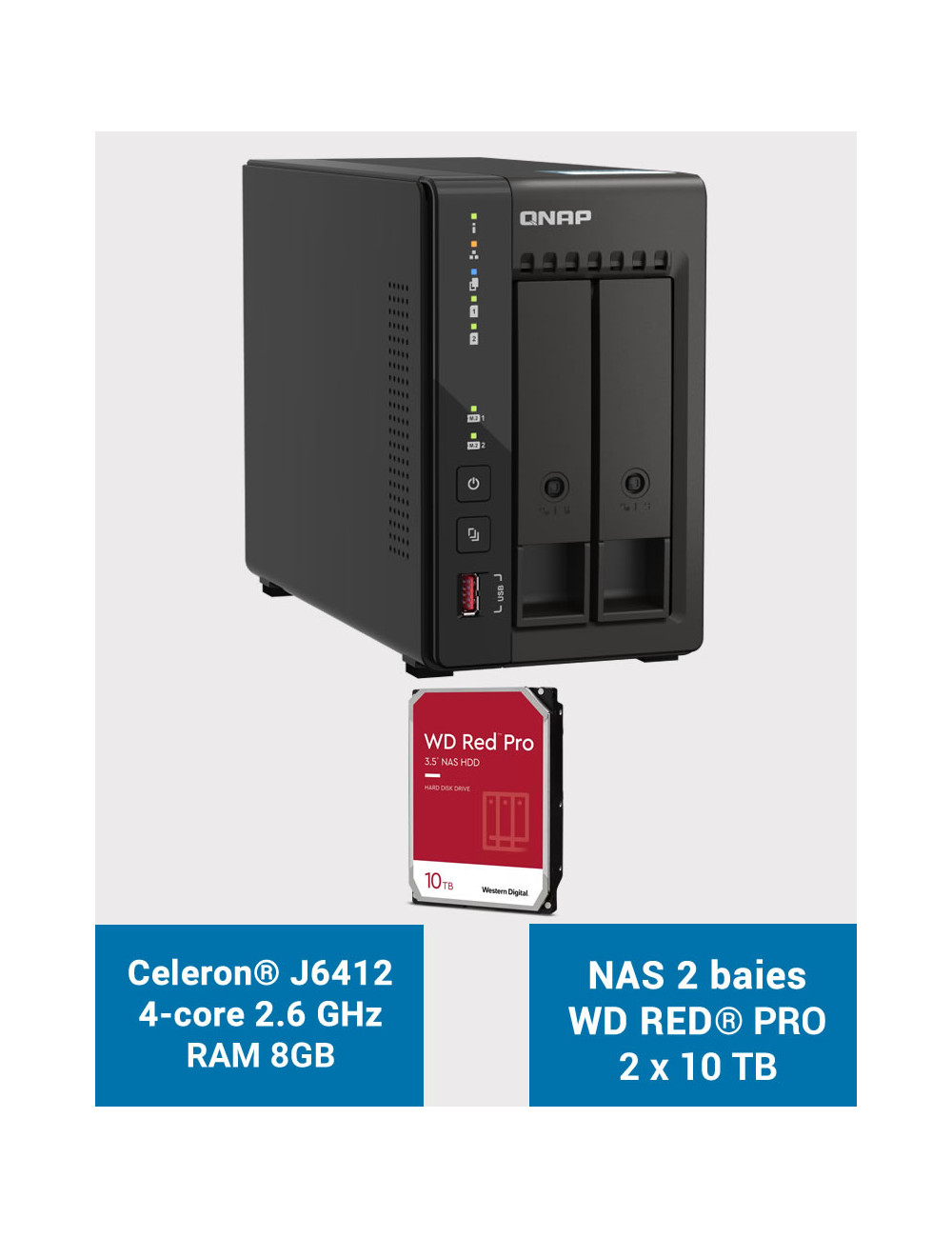 QNAP TS-253E 8GB Serveur NAS 2 baies WD RED PRO 20To (2x10To)