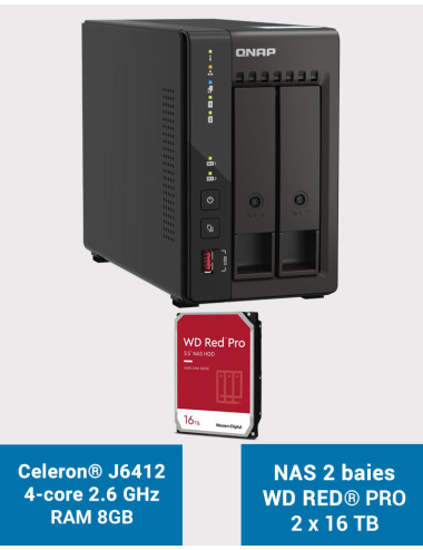 QNAP TS-253E 8GB Servidor NAS 2 bahías WD RED PRO 32TB (2x16TB)