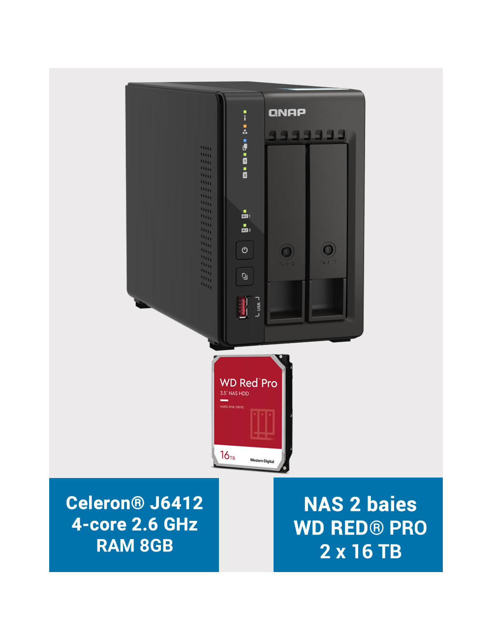 QNAP TS-253E 8GB Serveur NAS 2 baies WD RED PRO 32To (2x16To)