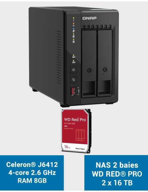 QNAP TS-253E 8GB Serveur NAS 2 baies WD RED PRO 32To (2x16To)