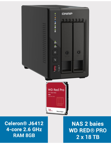 QNAP TS-253E 8GB Serveur NAS 2 baies WD RED PRO 36To (2x18To)
