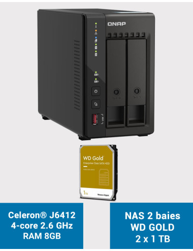 QNAP TS-253E 8GB Serveur NAS 2 baies WD GOLD 2To (2x1To)