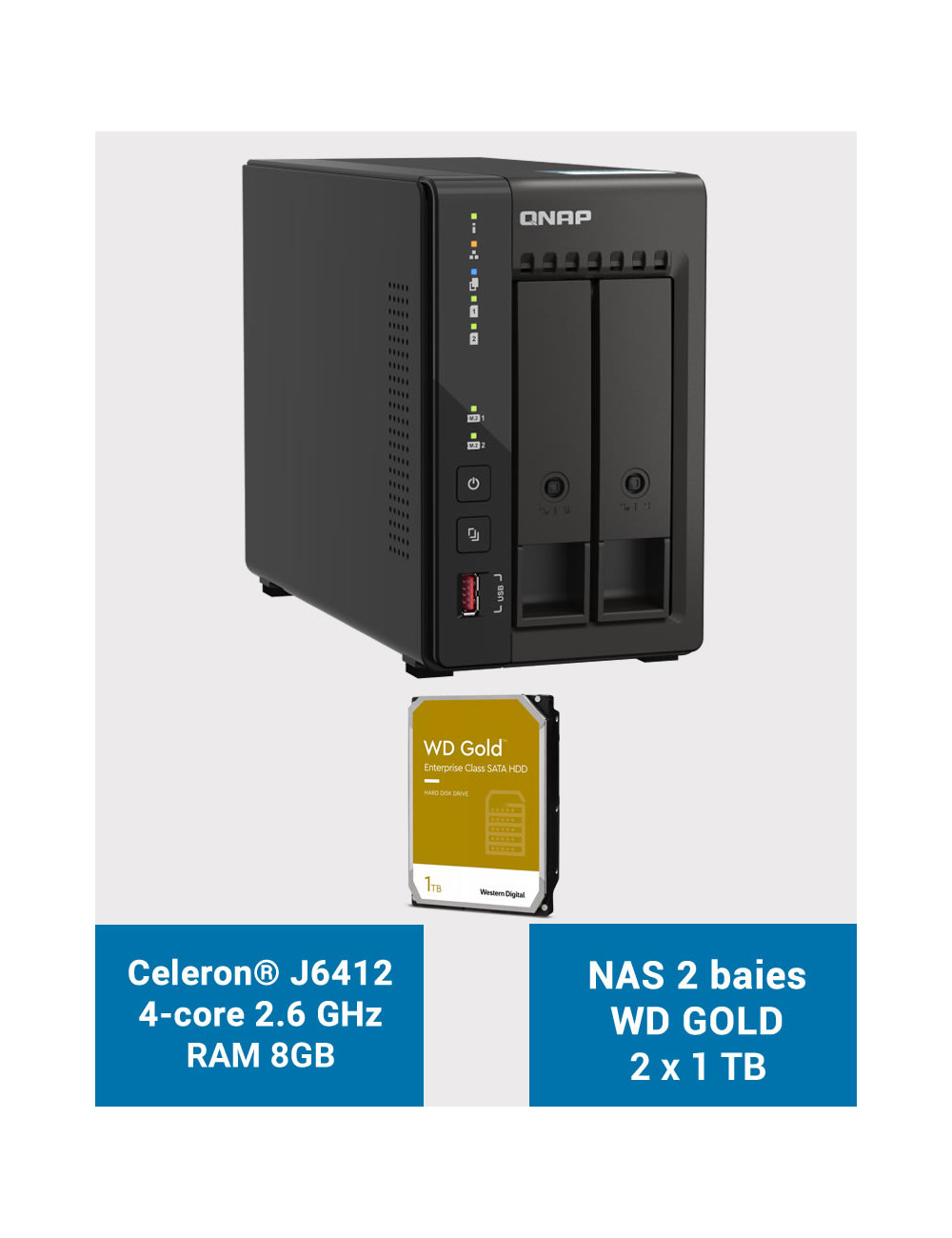 QNAP TS-253E 8GB Serveur NAS 2 baies WD GOLD 2To (2x1To)