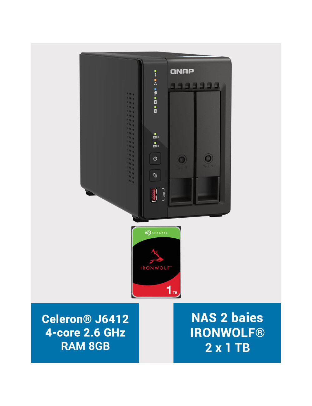 QNAP TS-253E 8GB Serveur NAS 2 baies IRONWOLF 2To (2x1To)