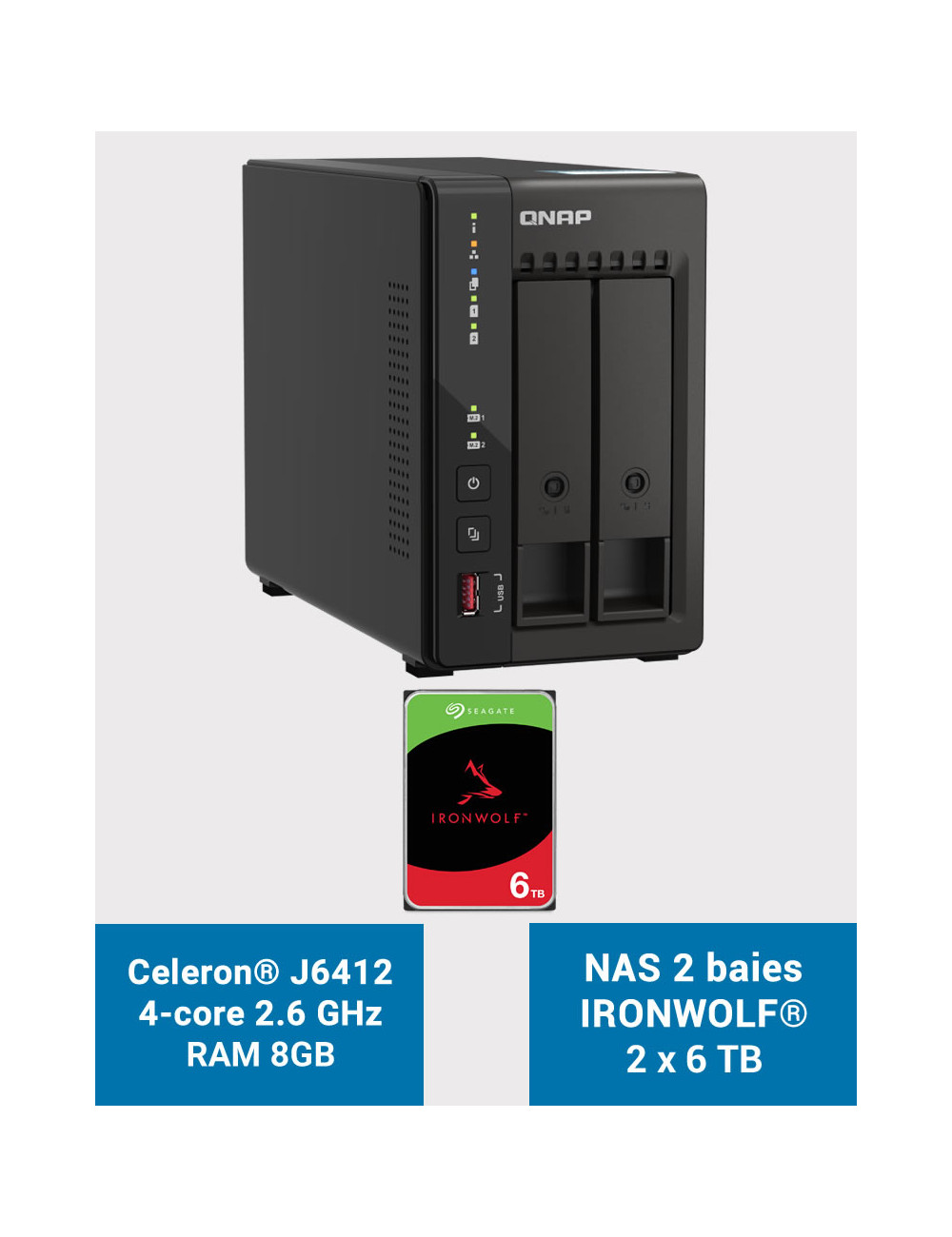 QNAP TS-253E 8GB Serveur NAS 2 baies IRONWOLF 12To (2x6To)