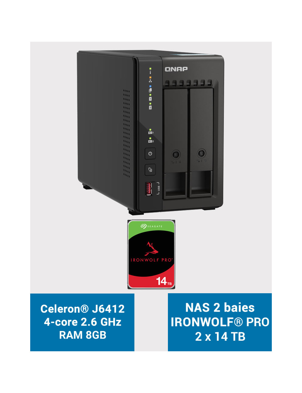 QNAP TS-253E 8GB Serveur NAS 2 baies IRONWOLF PRO 28To (2x14To)