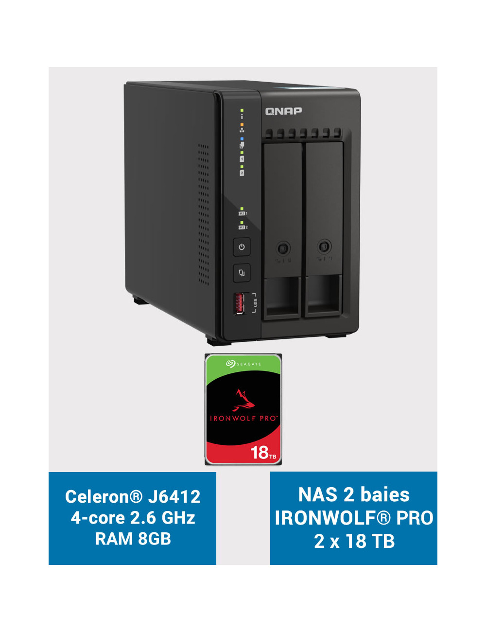QNAP TS-253E 8GB Serveur NAS 2 baies IRONWOLF PRO 36To (2x18To)