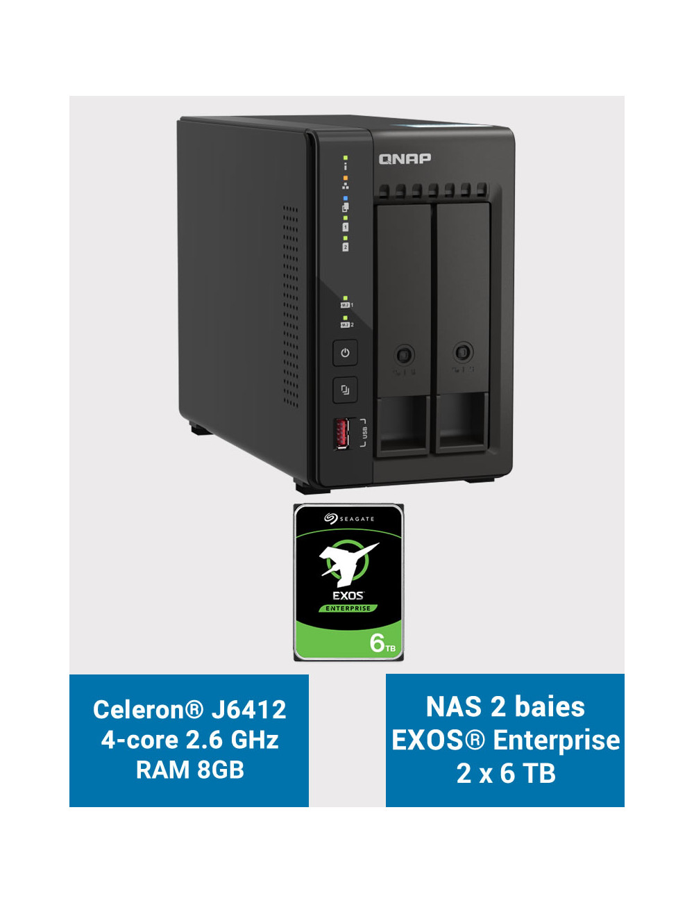QNAP TS-253E 8GB Serveur NAS 2 baies EXOS Enterprise 12To (2x6To)