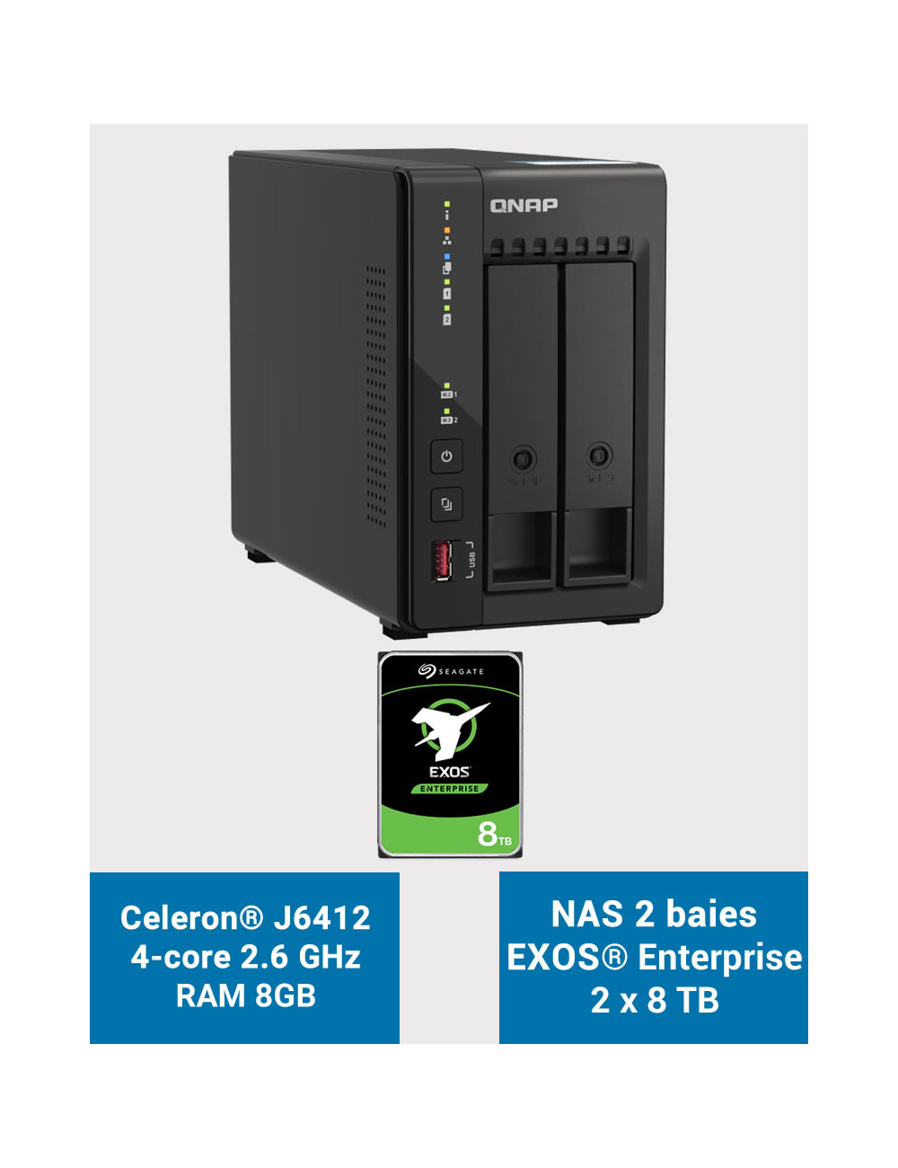 QNAP TS-253E 8GB Serveur NAS 2 baies EXOS Enterprise 16To (2x8To)