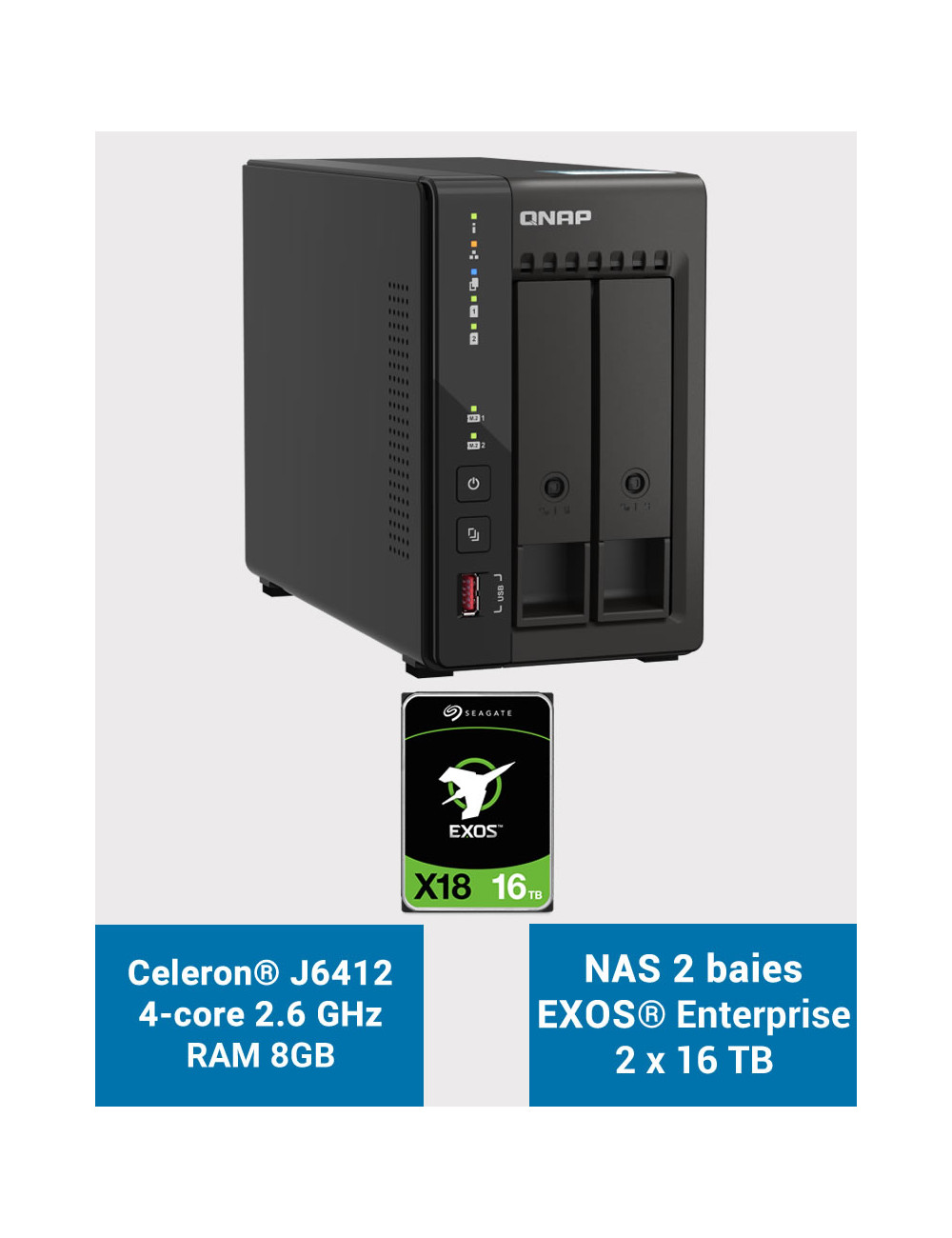 QNAP TS-253E 8GB Serveur NAS 2 baies EXOS Enterprise 32To (2x16To)