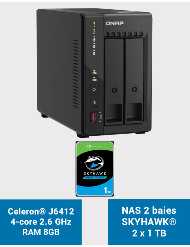 QNAP TS-253E 8GB NAS Server 2 bays SKYHAWK 2TB (2x1TB)