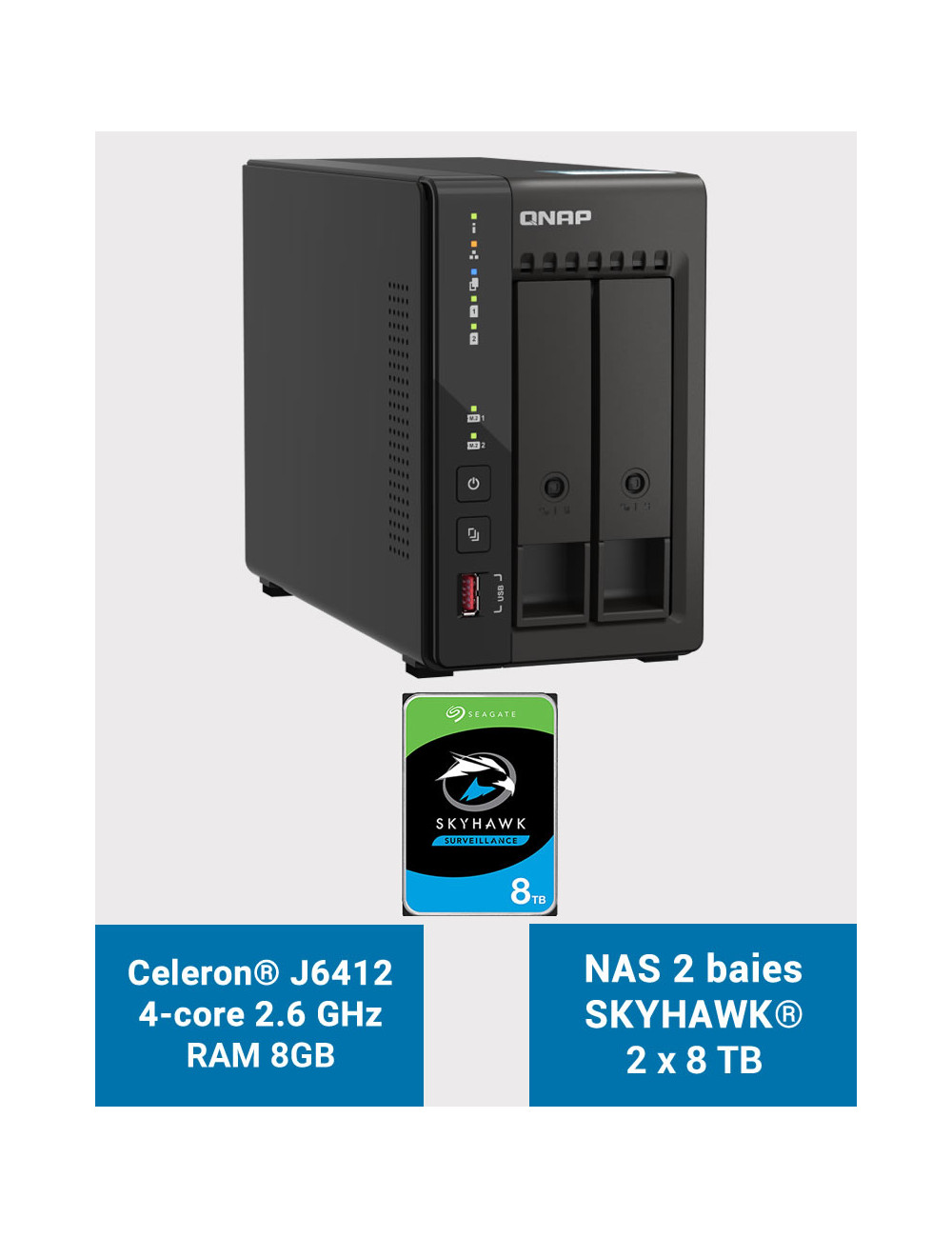 QNAP TS-253E 8GB NAS Server 2 bays SKYHAWK 16TB (2x8TB)