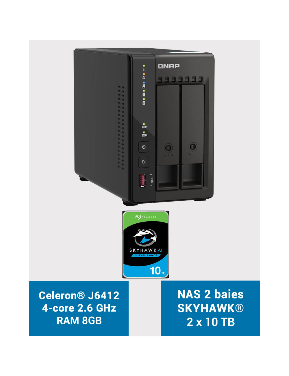 QNAP TS-253E 8GB NAS Server 2 bays SKYHAWK 20TB (2x10TB)