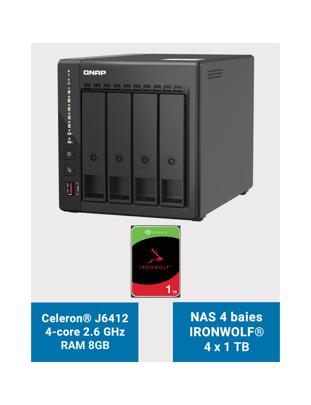 QNAP TS-453E 8GB Serveur NAS 4 baies IRONWOLF 4To (4x1To)