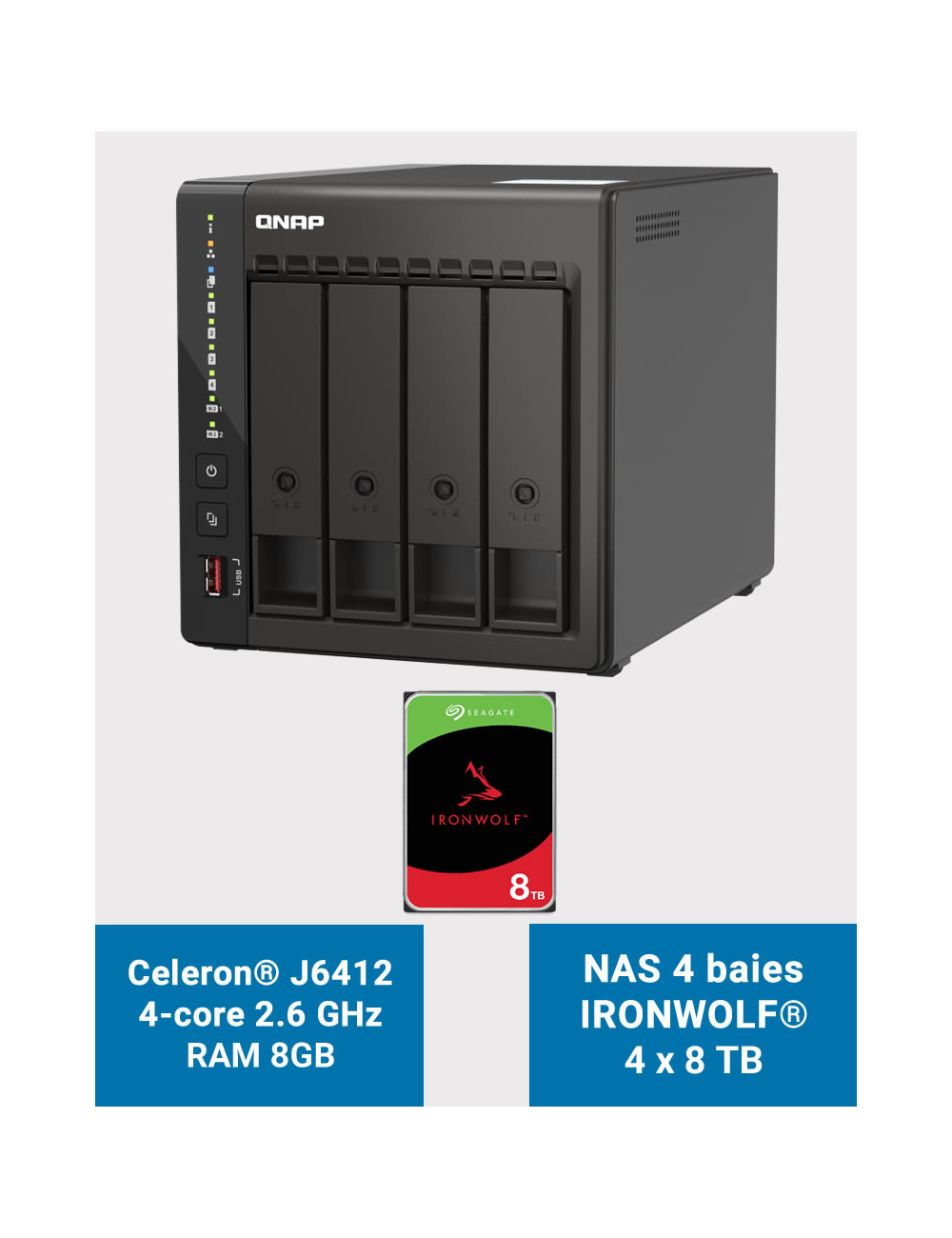 QNAP TS-453E 8GB Serveur NAS 4 baies IRONWOLF 32To (4x8To)
