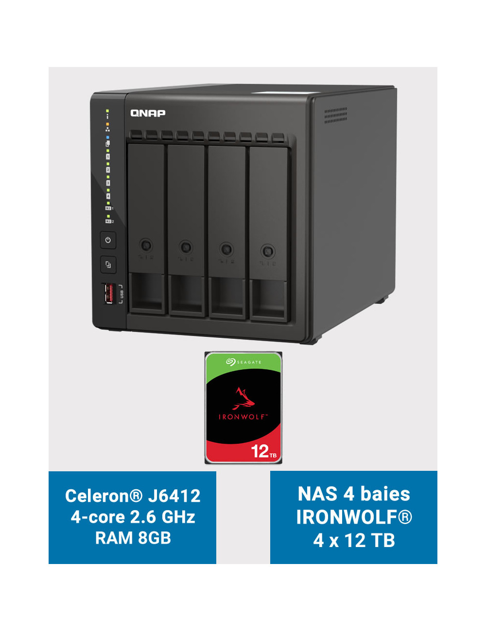 QNAP TS-453E 8GB Serveur NAS 4 baies IRONWOLF 48To (4x12To)