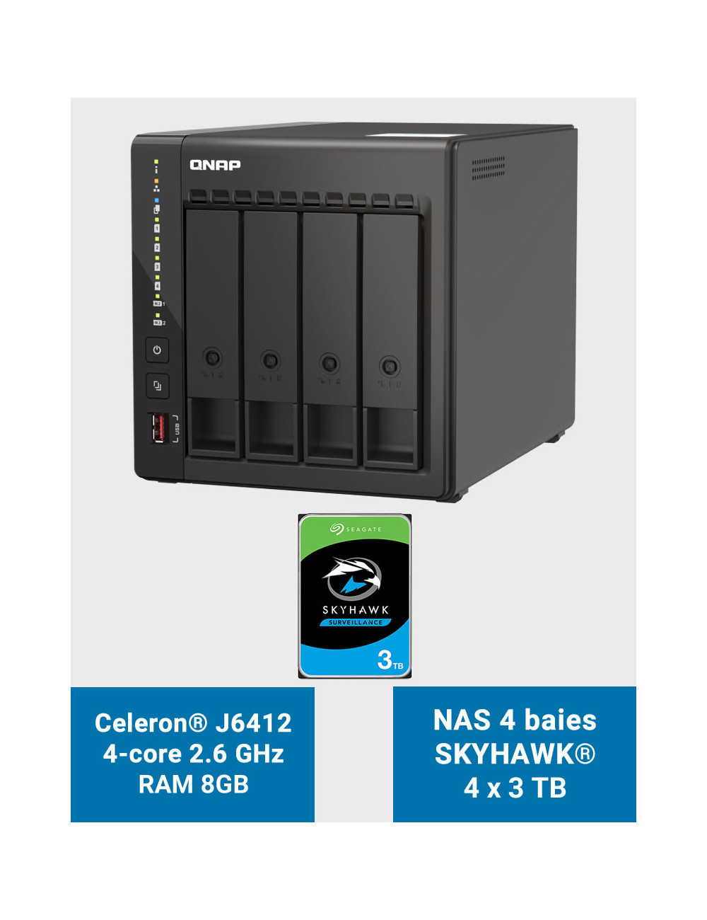QNAP TS-453E 8GB Servidor NAS 4 bahías SKYHAWK 12TB (4x3TB)