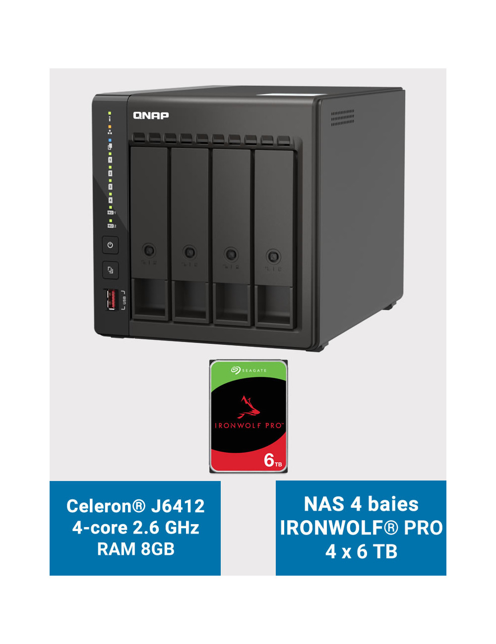 QNAP TS-453E 8GB Serveur NAS 4 baies IRONWOLF PRO 24To (4x6To)