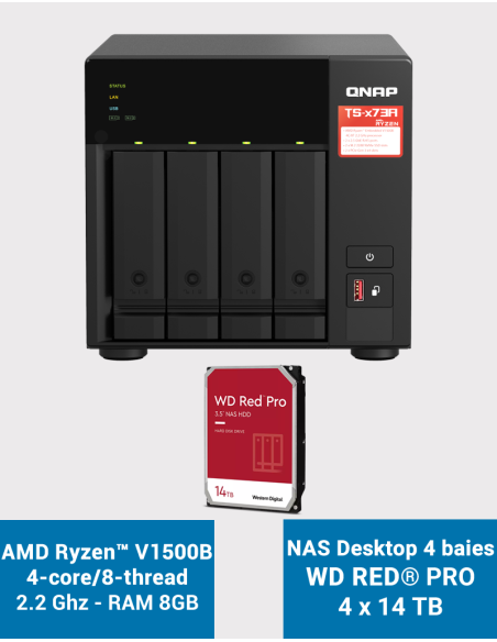 Qnap TS-473A 8GB Serveur NAS 4 baies WD RED PRO 56To (4x14To)