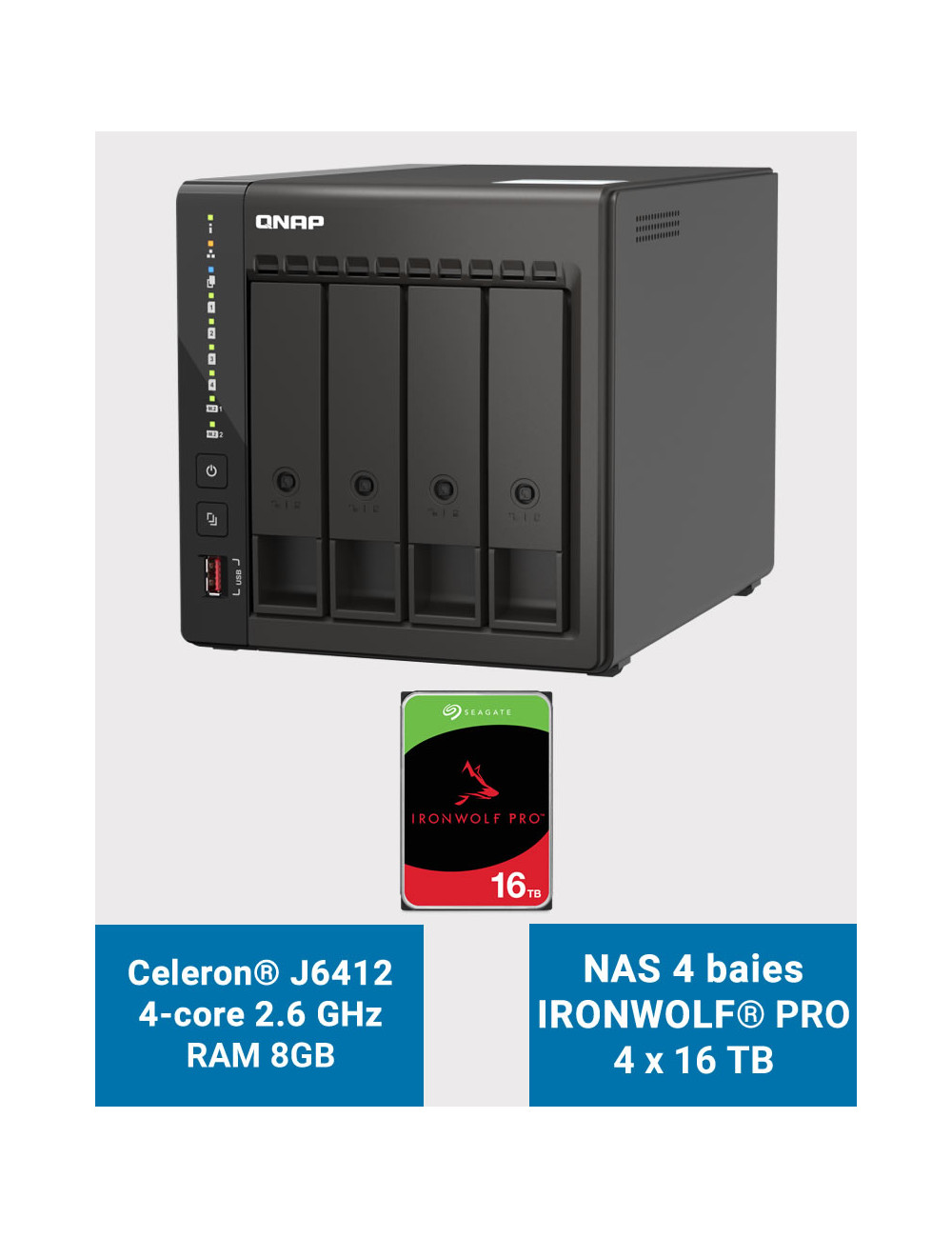 QNAP TS-453E 8GB Servidor NAS 4 bahías IRONWOLF PRO 64TB (4x16TB)