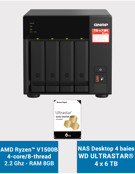 Qnap TS-473A 8GB Serveur NAS 4 baies WD ULTRASTAR 24To (4x6To)