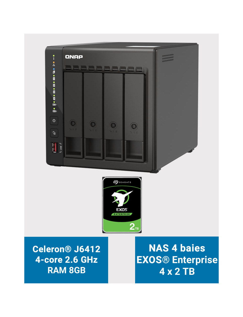 QNAP TS-453E 8GB Servidor NAS 4 bahías EXOS Enterprise 8TB (4x2TB)