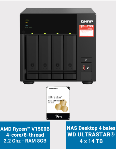 Qnap TS-473A 8GB Serveur NAS 4 baies WD ULTRASTAR 56To (4x14To)