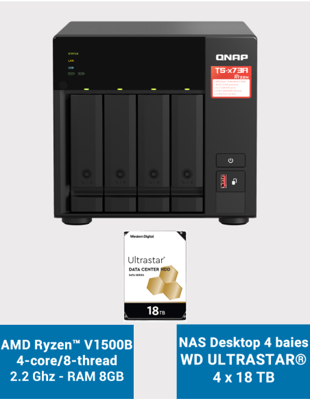 Qnap TS-473A 8GB Serveur NAS 4 baies WD ULTRASTAR 72To (4x18To)