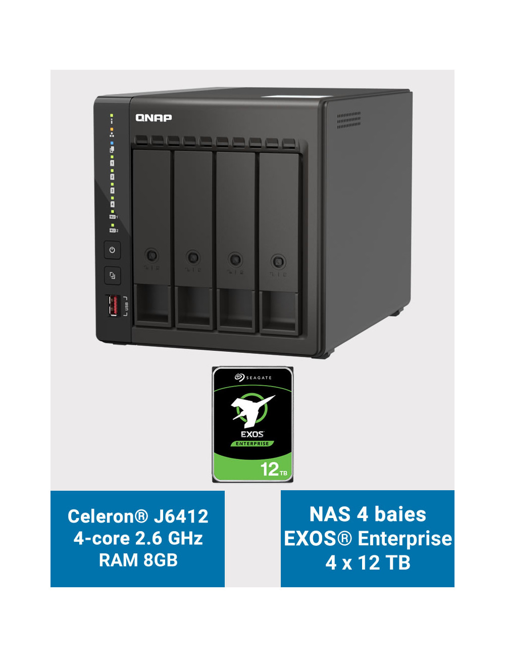 QNAP TS-453E 8GB Servidor NAS 4 bahías EXOS Enterprise 48TB (4x12TB)