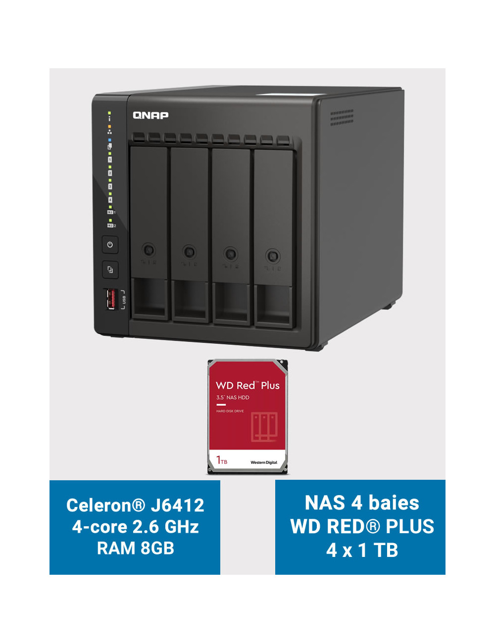 QNAP TS-453E 8GB Serveur NAS 4 baies WD RED PLUS 4To (4x1To)
