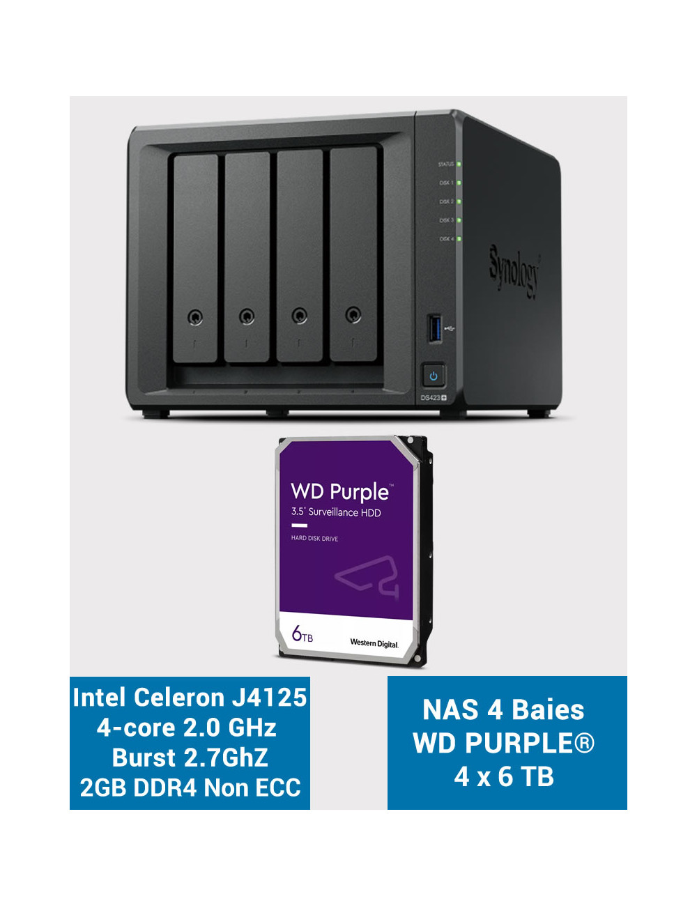 Synology DS423+ 2Go Serveur NAS WD PURPLE 24To (4x6To)