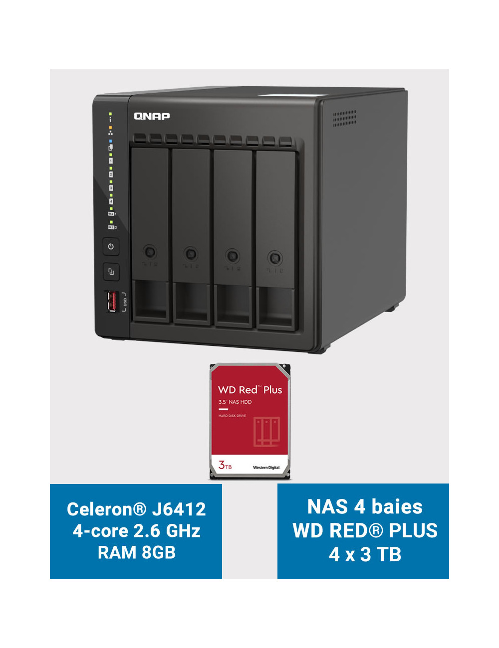 QNAP TS-453E 8GB Serveur NAS 4 baies WD RED PLUS 12To (4x3To)