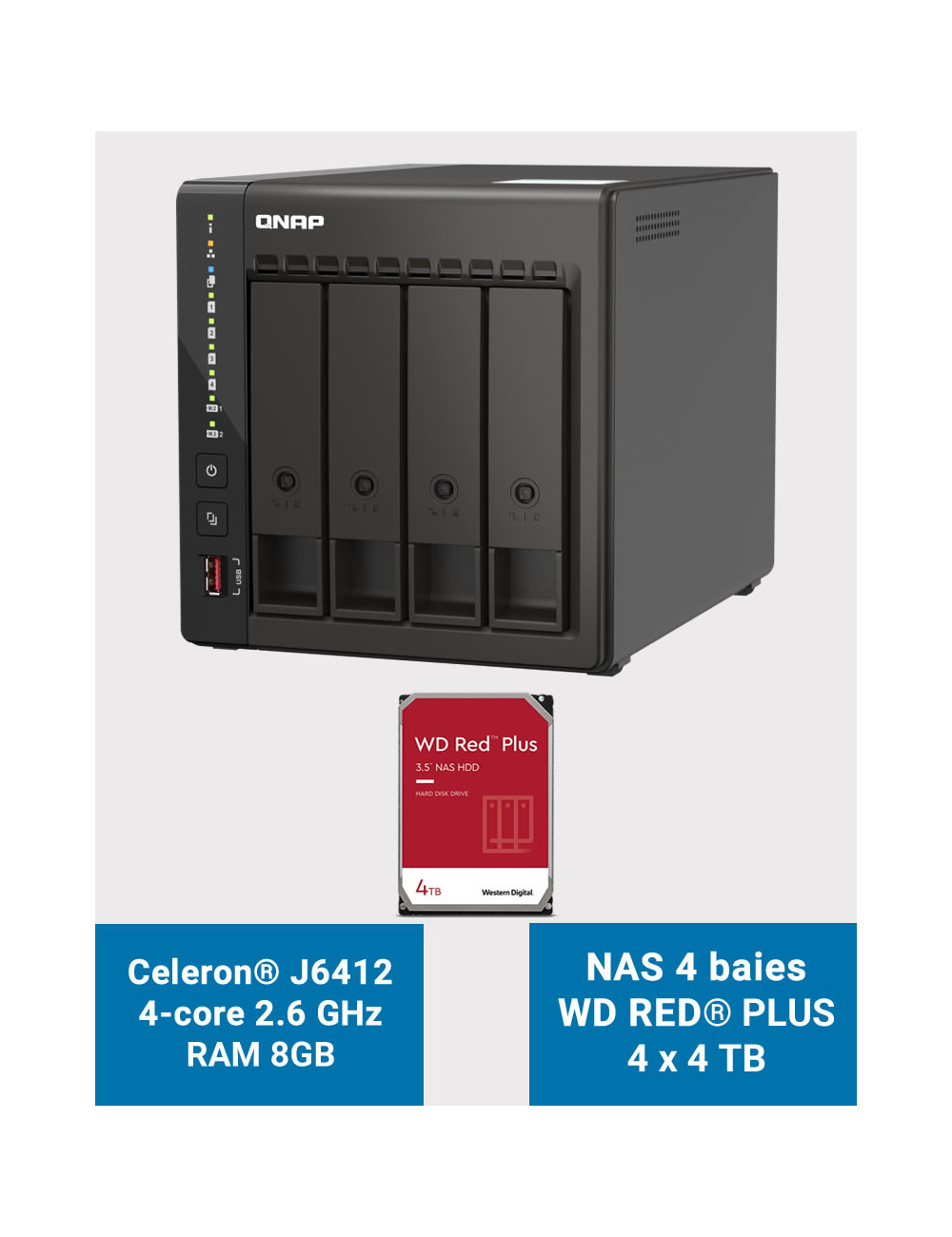 QNAP TS-453E 8GB Serveur NAS 4 baies WD RED PLUS 16To (4x4To)