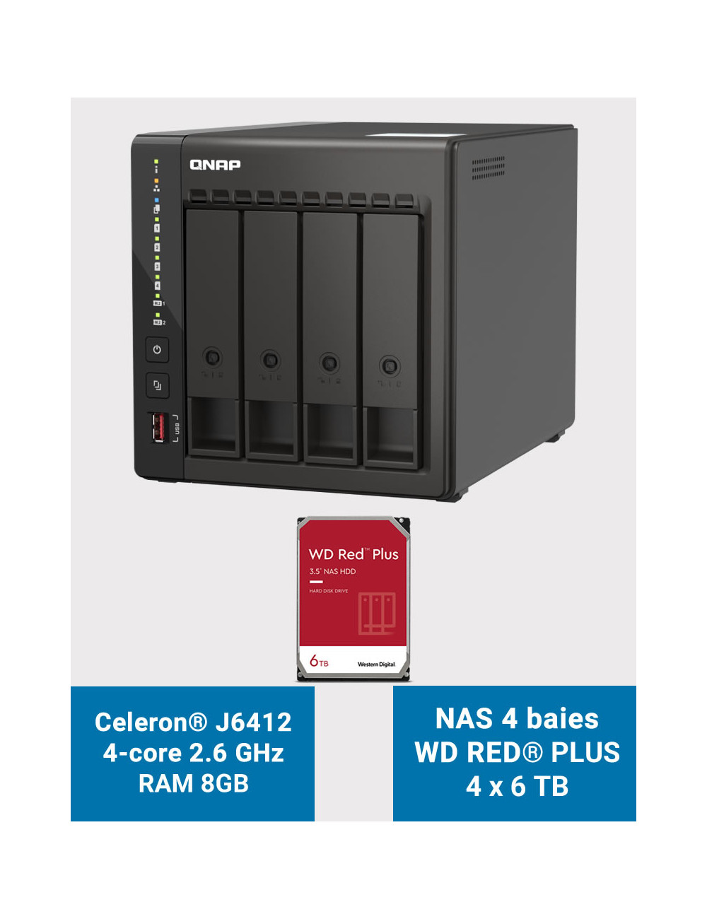 QNAP TS-453E 8GB Serveur NAS 4 baies WD RED PLUS 24To (4x6To)