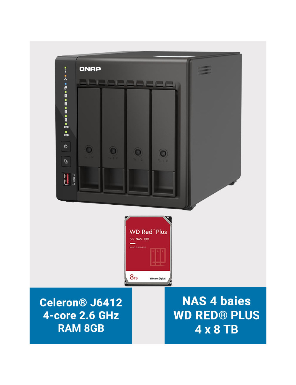 QNAP TS-453E 8GB Servidor NAS 4 bahías WD RED PLUS 32TB (4x8TB)
