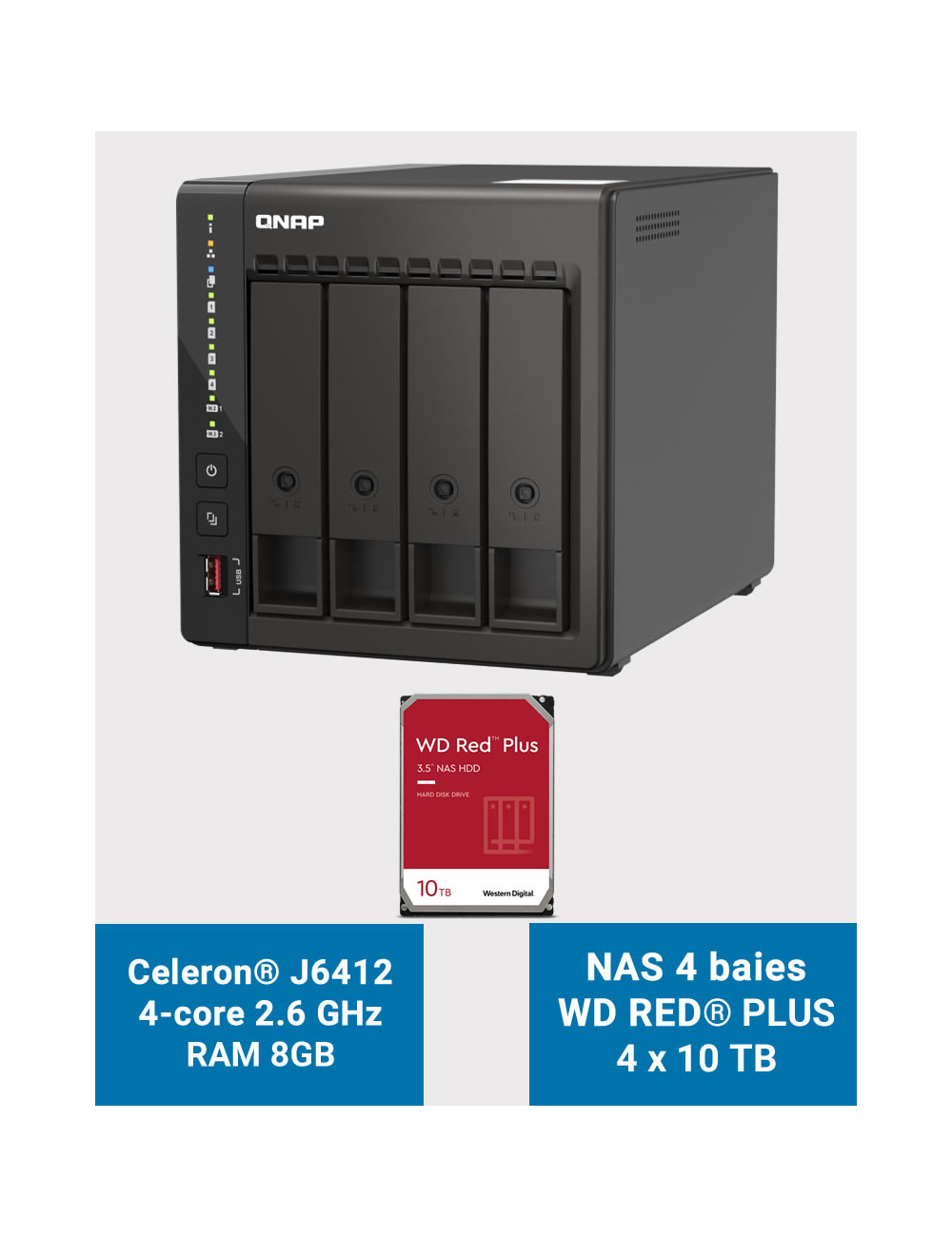 QNAP TS-453E 8GB Serveur NAS 4 baies WD RED PLUS 40To (4x10To)