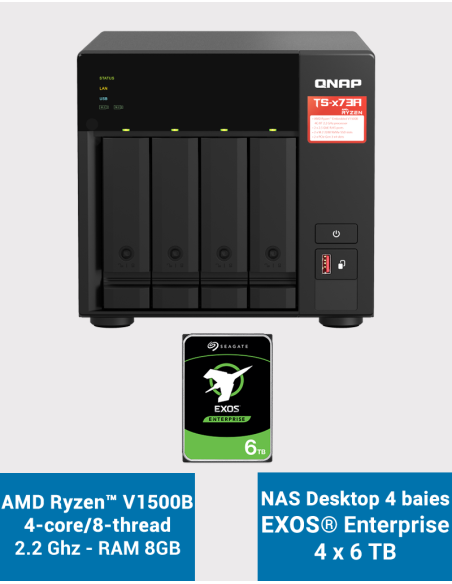 Qnap TS-473A 8GB Servidor NAS 4 bahías EXOS Enterprise 24TB (4x6TB)