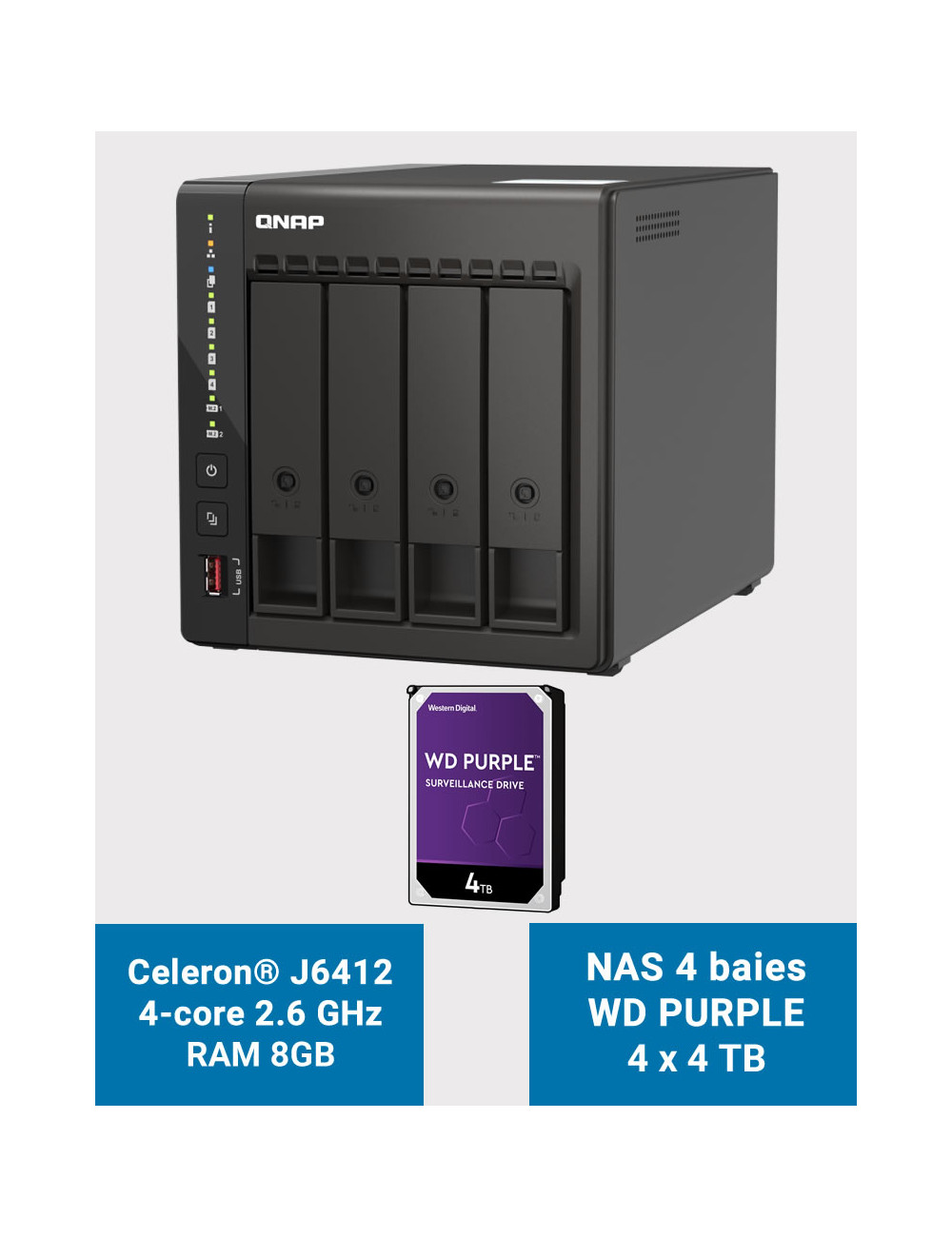 QNAP TS-453E 8GB Servidor NAS 4 bahías WD PURPLE 16TB (4x4TB)